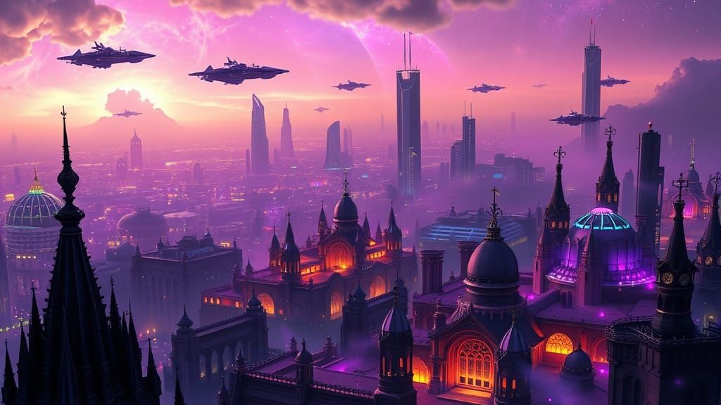 Surreal Cityscape in Vibrant, Neon-Lit Darkness