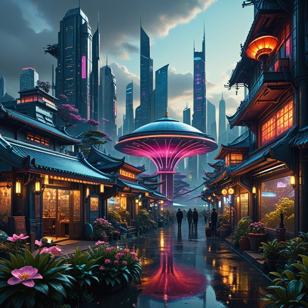 Blossoming Futuristic Metropolis in Vibrant Metallic Hues