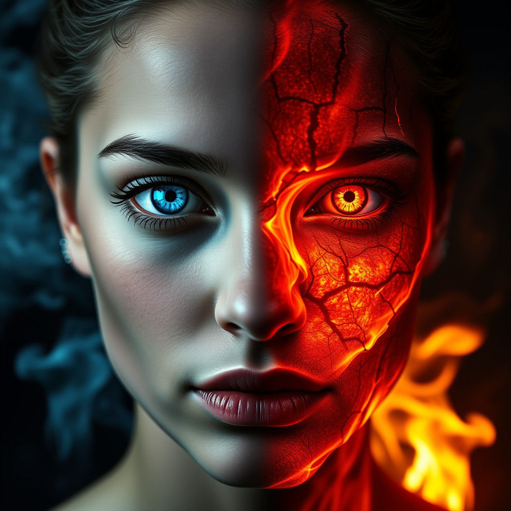 Fire and Ice Portrait with Symmetrical Faces