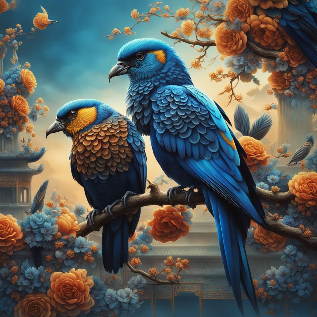 Chinese Birds on Ornate Branch in Digital Painting