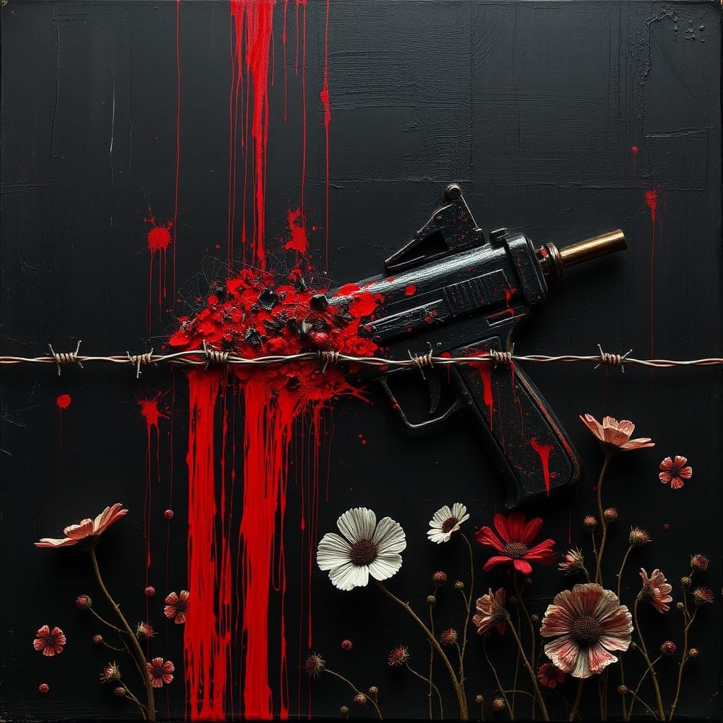 Abstract Nail Gun with Red Paint and Flowers
