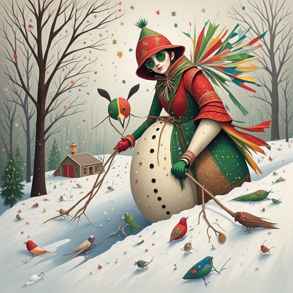 A Cubist Snow Woman in Vibrant Avant-Garde Watercolors