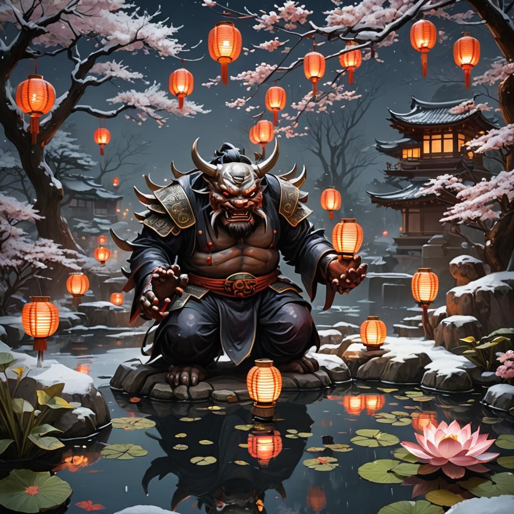 Oni in Japanese Garden Illuminated by Lanterns
