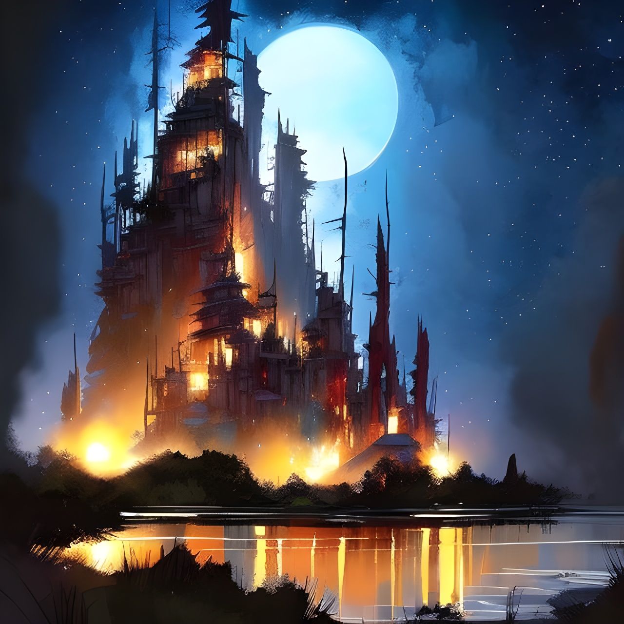 Magical Castle on Forest Lake at Night