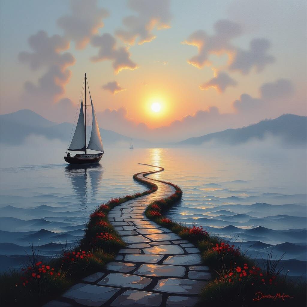 Surrealist Seascape with Sailboat in Sfumato Style