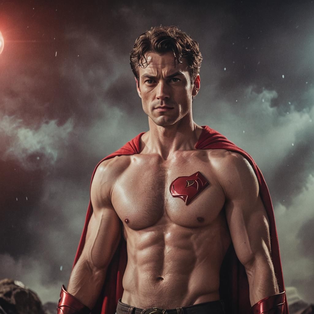 Jupiterman Superhero in Red Cape: Cinematic Film Still