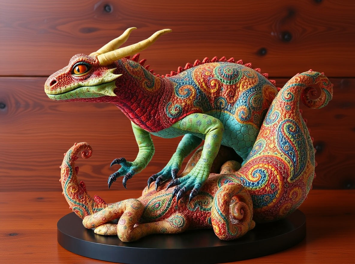 Paisley Basilisk Sculpture in Surreal Rainbow Dreamscape