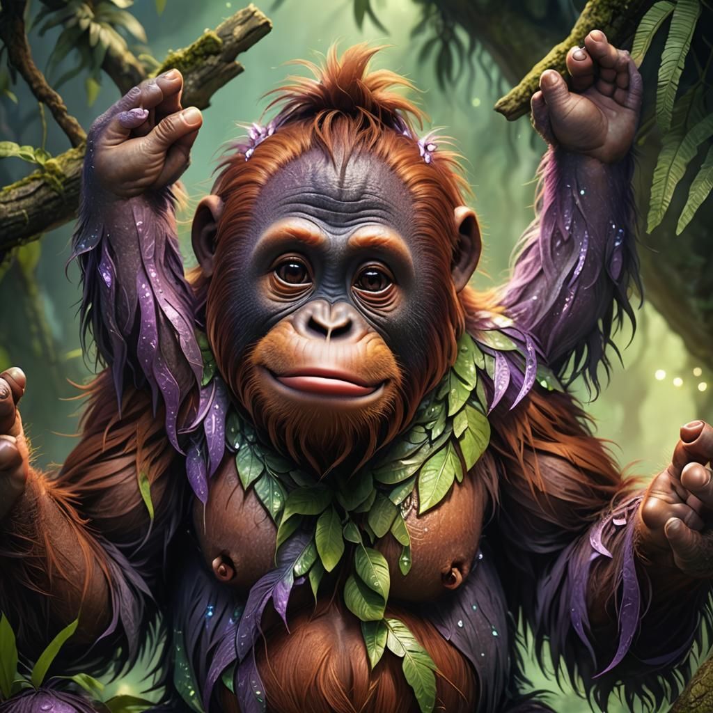 Crying Chibi Orangutan in a Fantasy Matte Painting