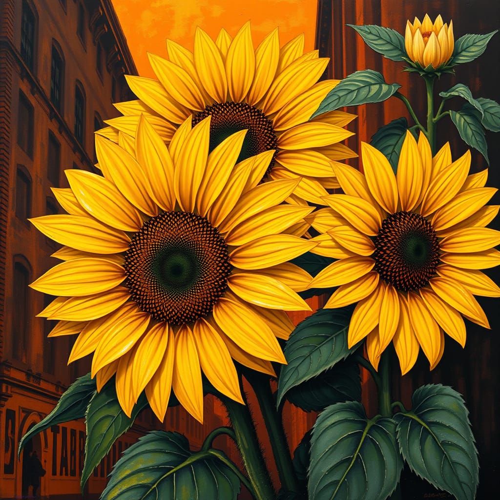 Vibrant Sunflowers in Dynamic City Streetscape