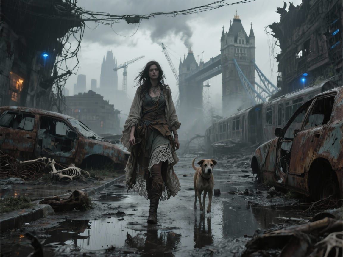 Lone Survivor in Ruined London with Scavenged Dog