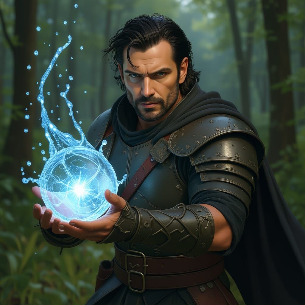 Water Magic Wielder in Meadow Battle Stance