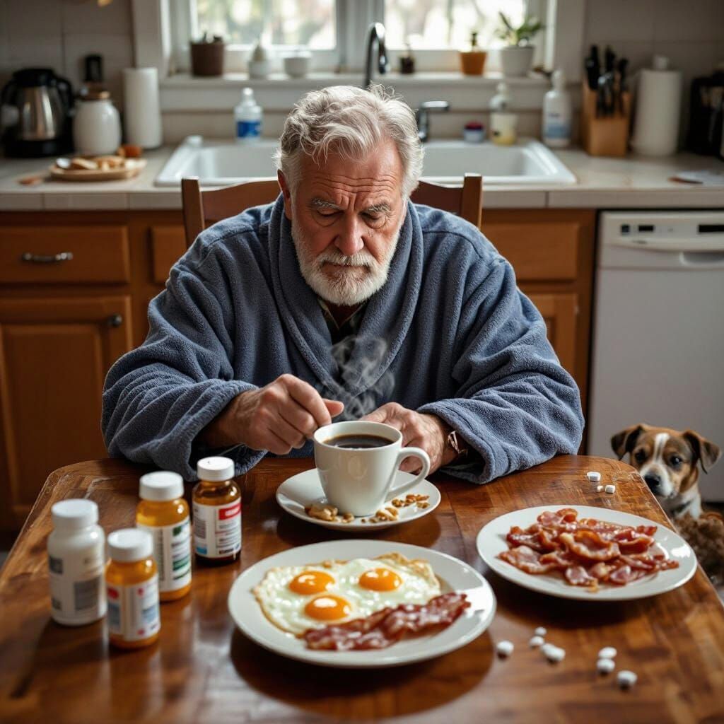 Elderly Man's Morning Routine with Coffee and Pills