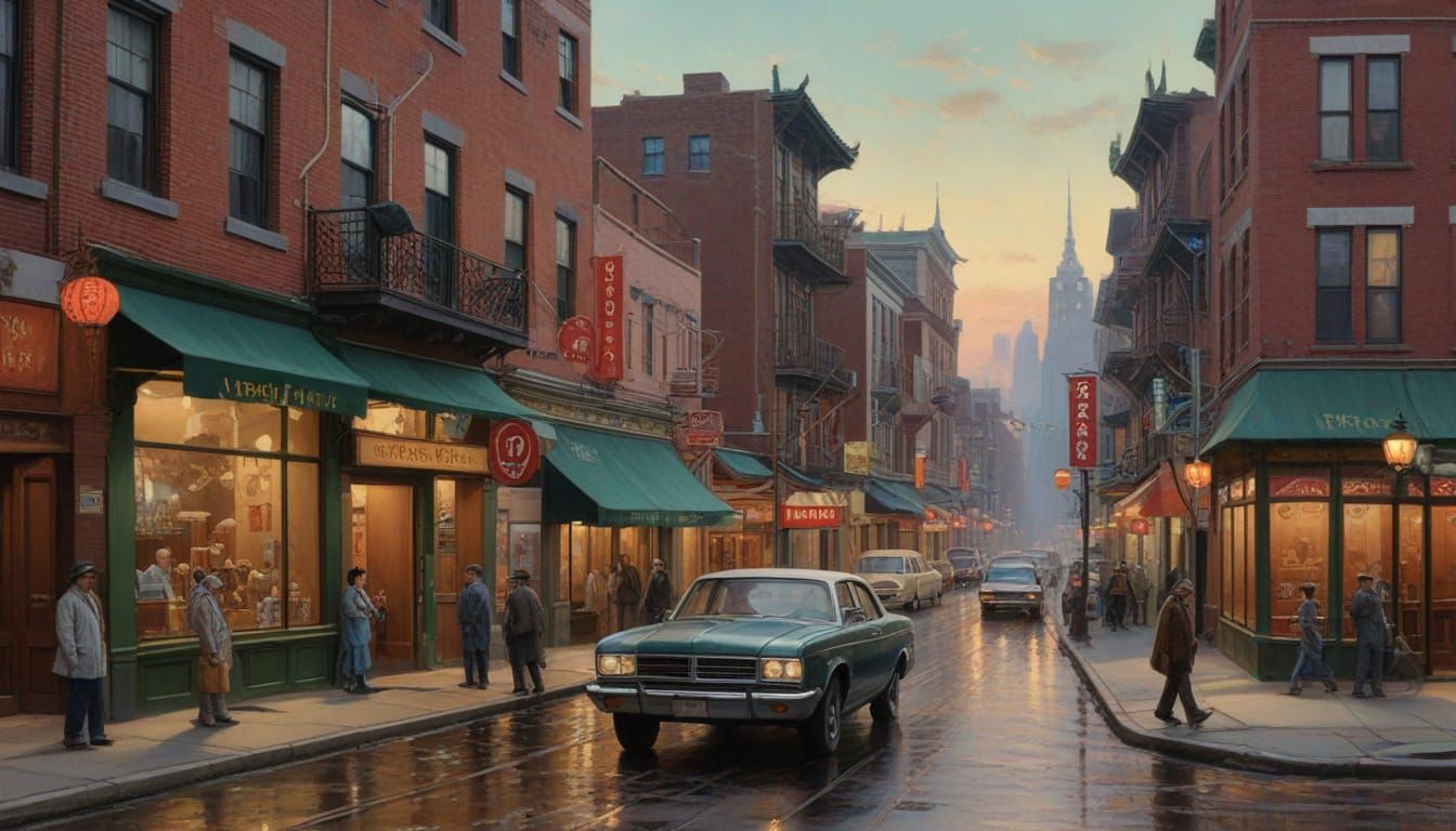 Chinatown Street Scene in Hopper, Rockwell, Kinkade Styles