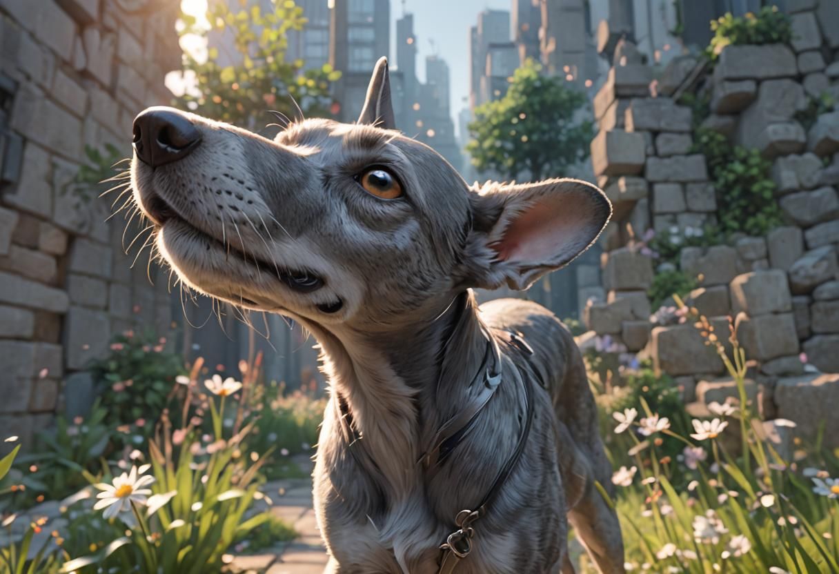 Sleek Gray Dog Sniffs Air in 3D Anime Art
