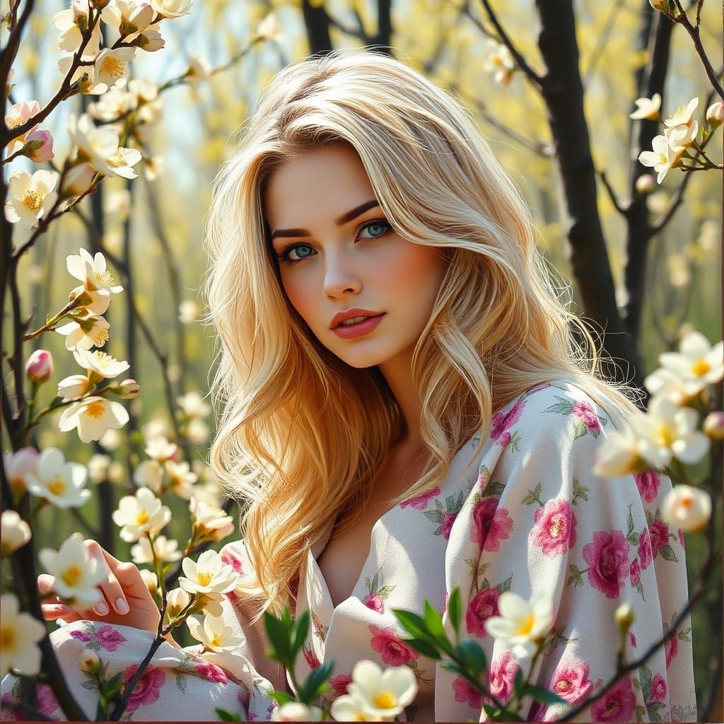 Blonde Beauty in Forest, Oil Painting Style