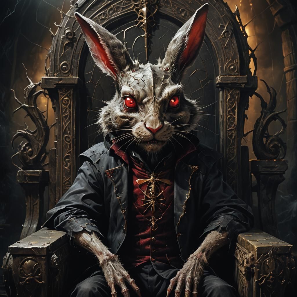 Dark Fantasy Vampire Rabbit on Ancient Throne
