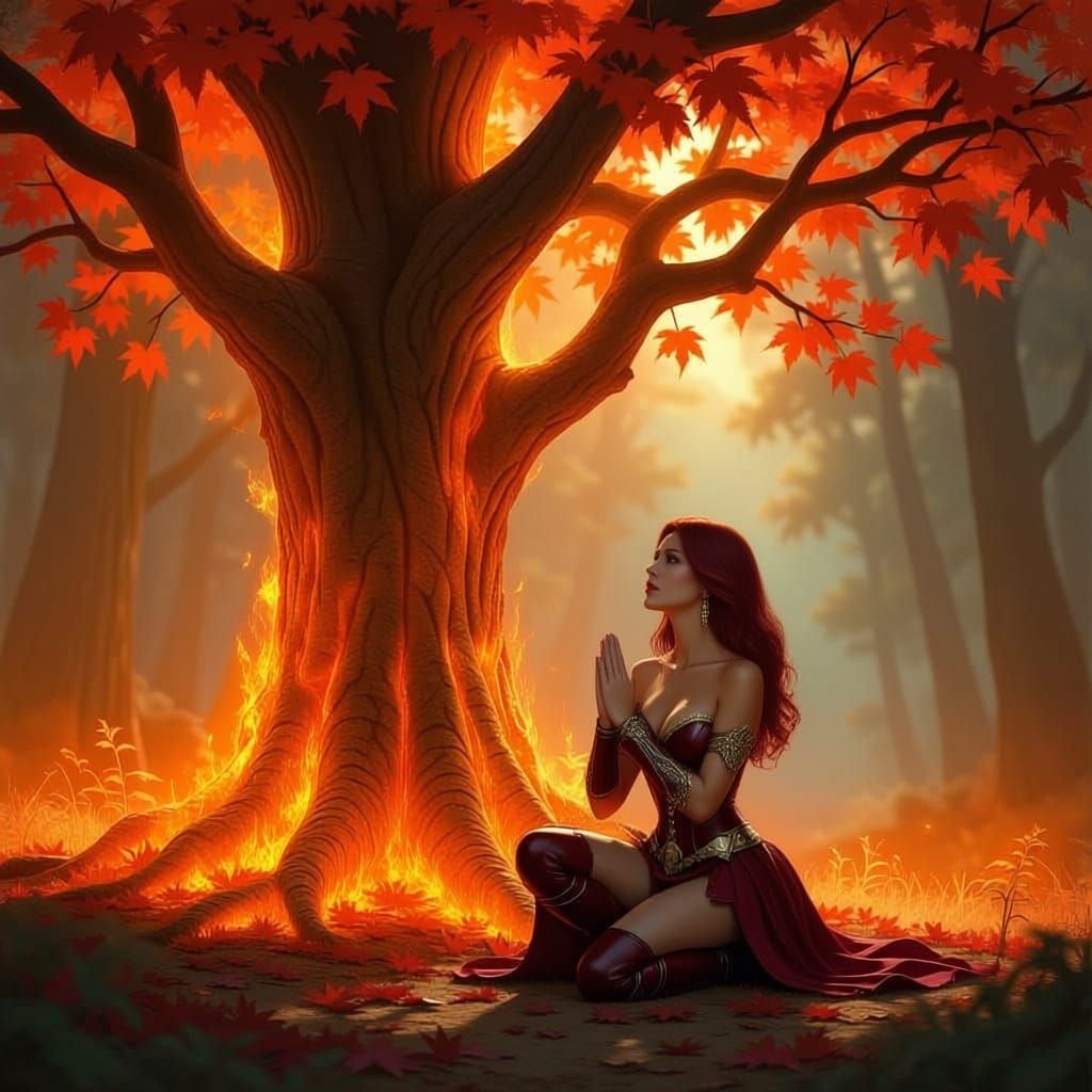 Warrior Woman Prays at Everburning Maple Tree