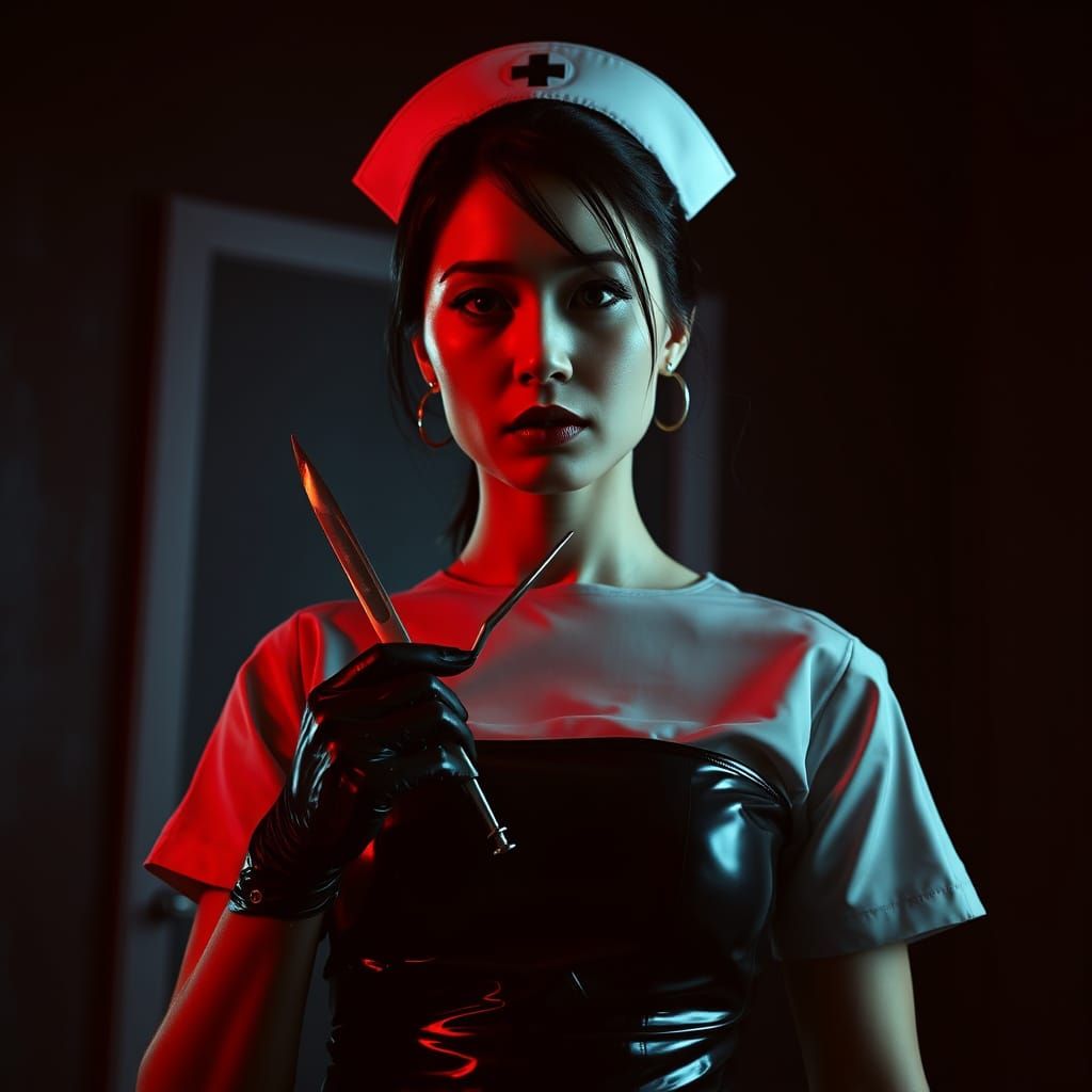 Lucy Liu as a Sinister Nurse in Black Latex, Shot in Moody C...