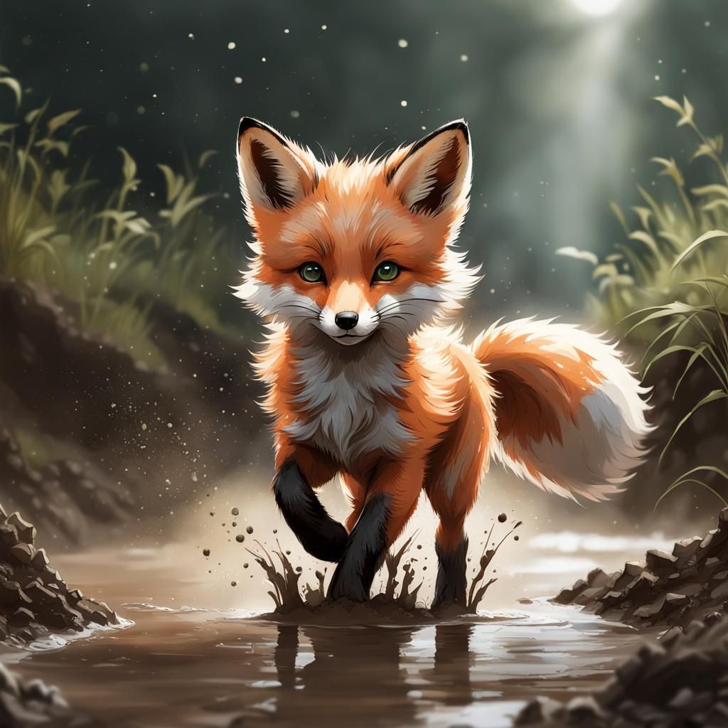 Muddy Baby Fox Jumps in Puddle