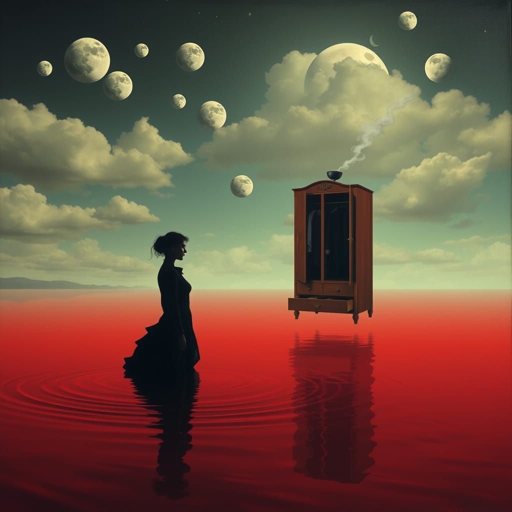 Surrealistic Dreamscape with Dark Feminine Figure and Floati...