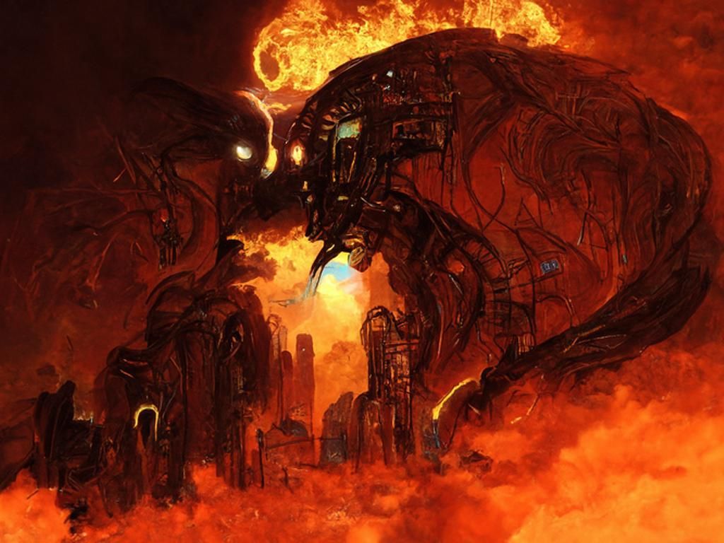 Cybernetic Balrog in Sci-Fi Landscape: Concept Art