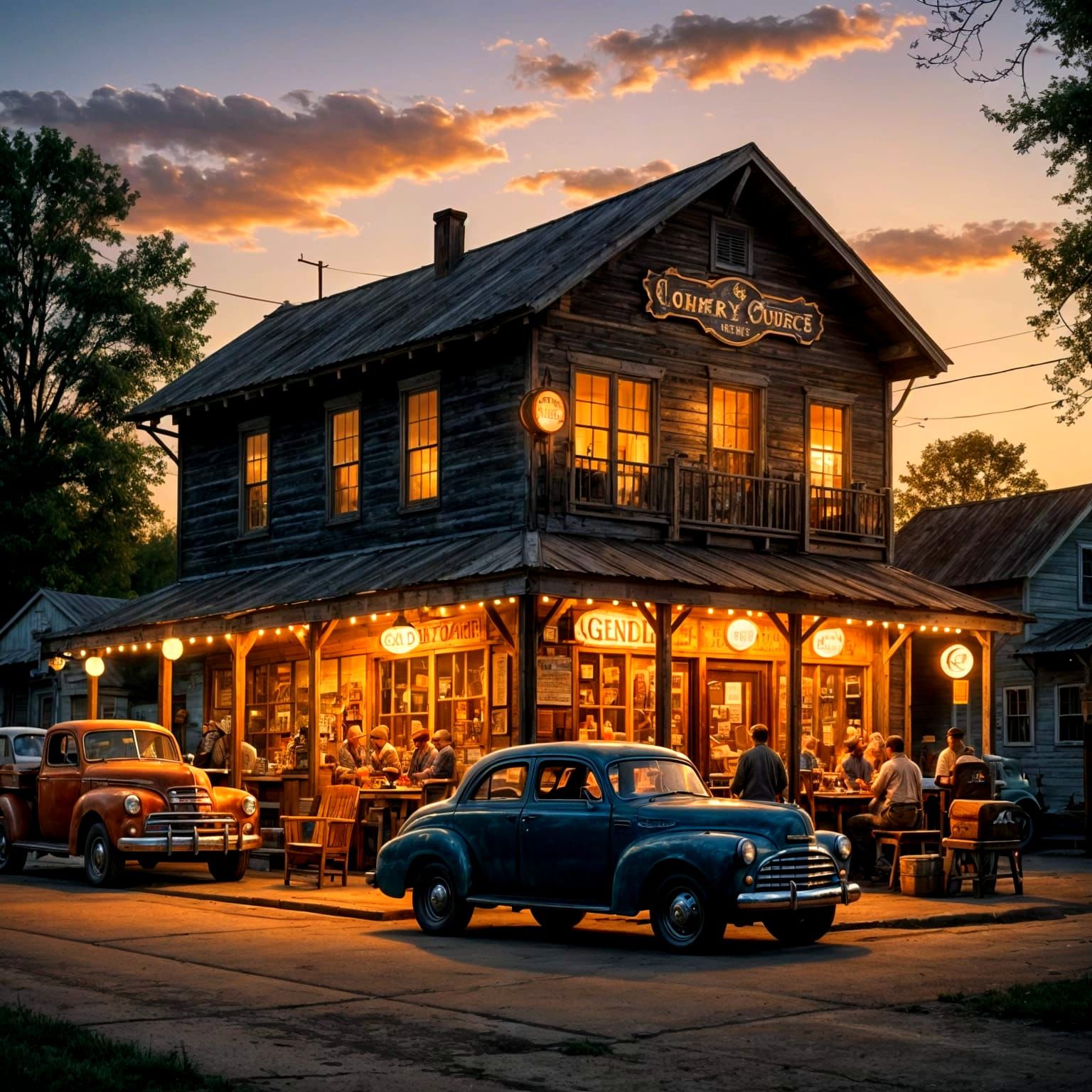 Retro Country Store Sundown Scene in Epic Cinematic Style