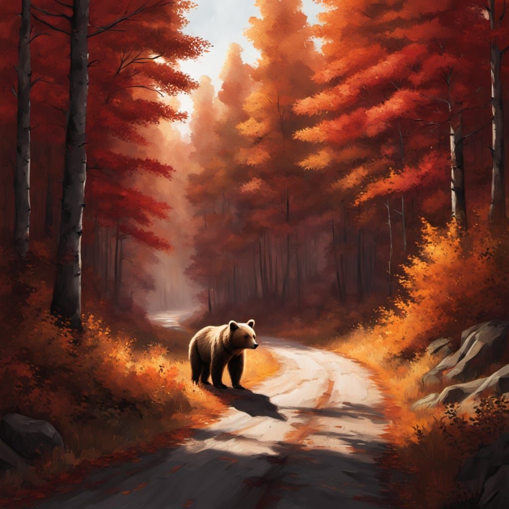 Autumn Forest Road with Bear Cub, Digital Matte Painting