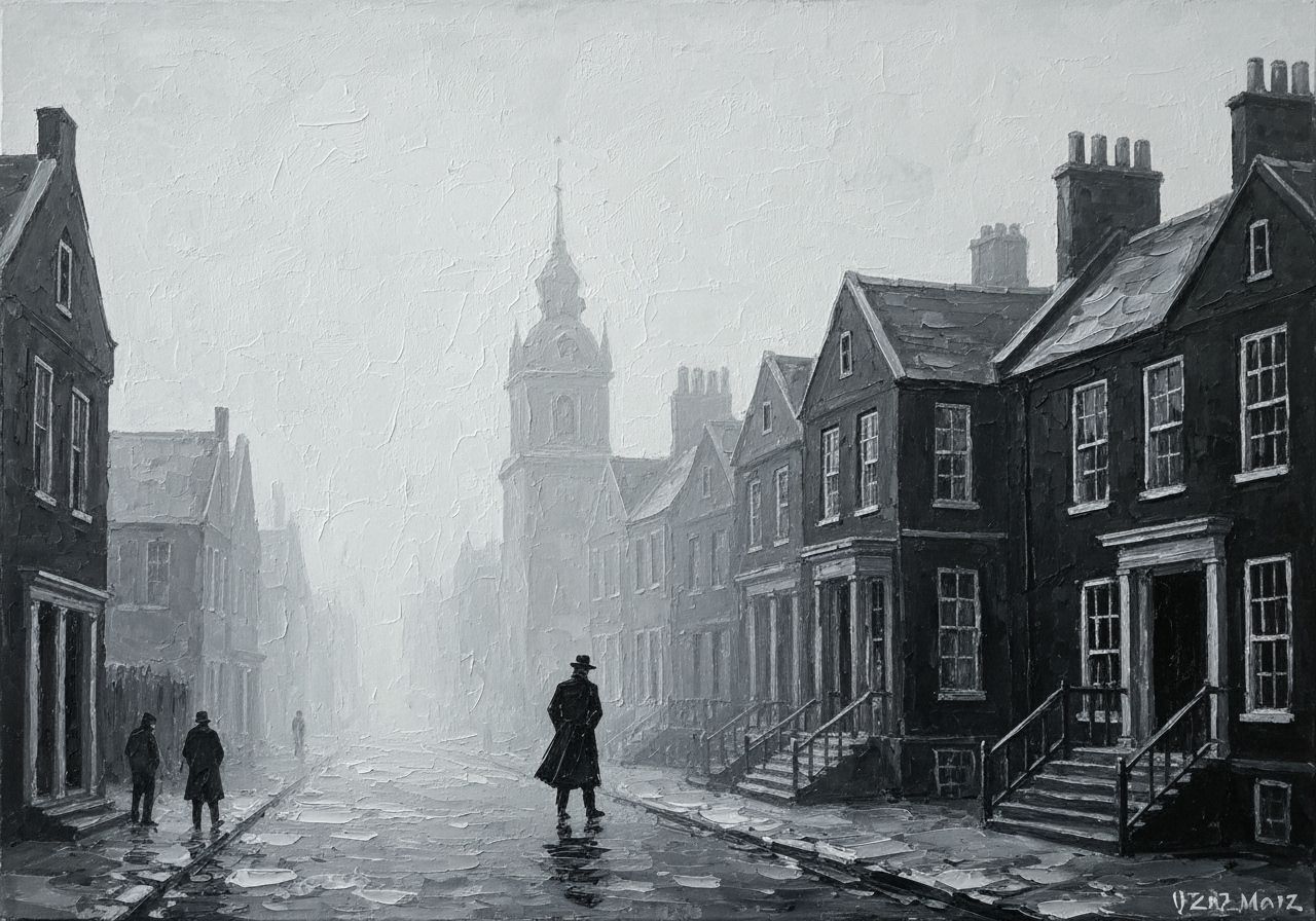 Monochrome Victorian London Fog with Mysterious Figure