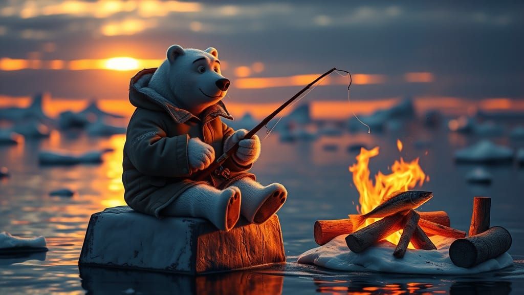 Pixar Polar Bear Fishing at Sunset