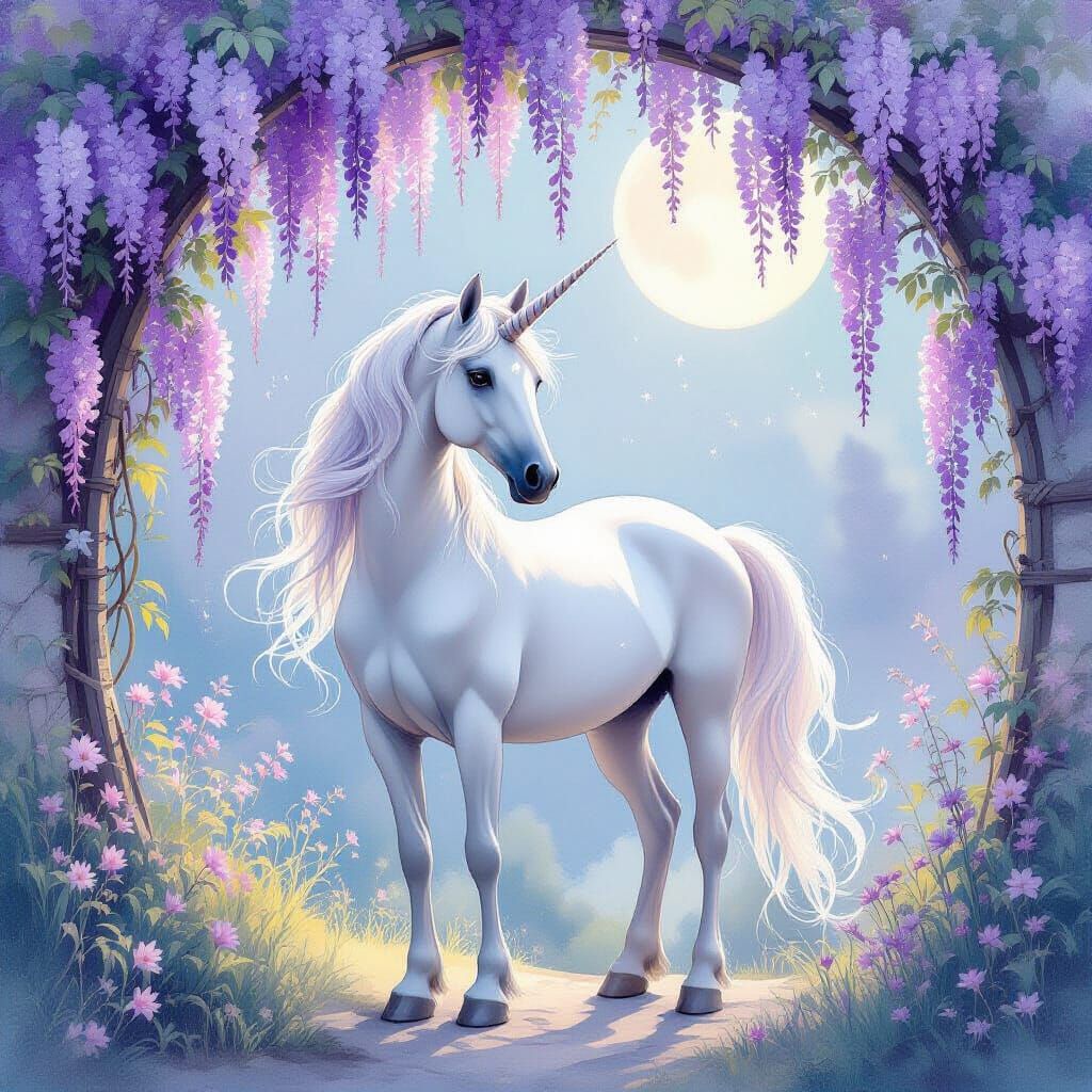 Graceful Unicorn Under Wisteria Arch in Pastel Colors