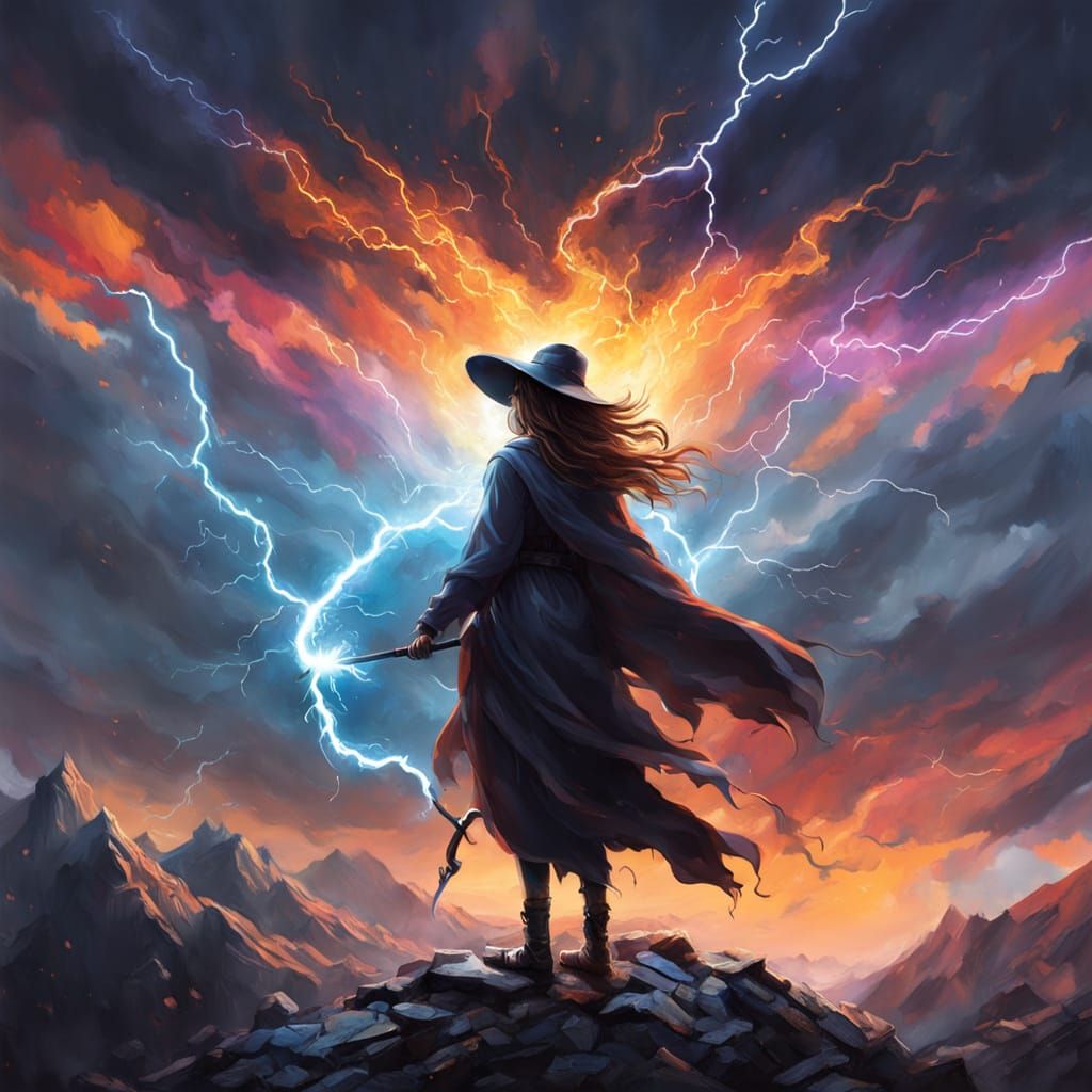 Sorceress Summons Storm in Graffiti Art Style