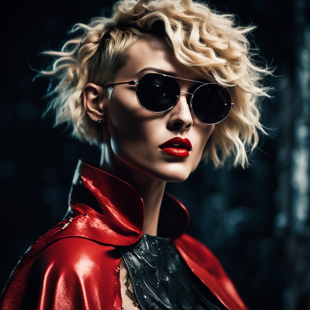 Cyberpunk Woman in Red Dress with Cigarette