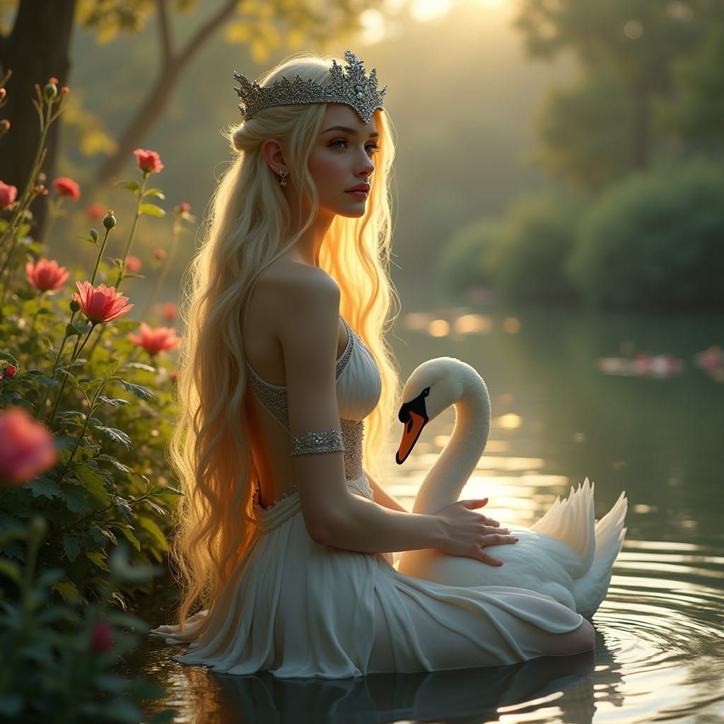 Elegant Elven Lady with Swan in Lush Garden