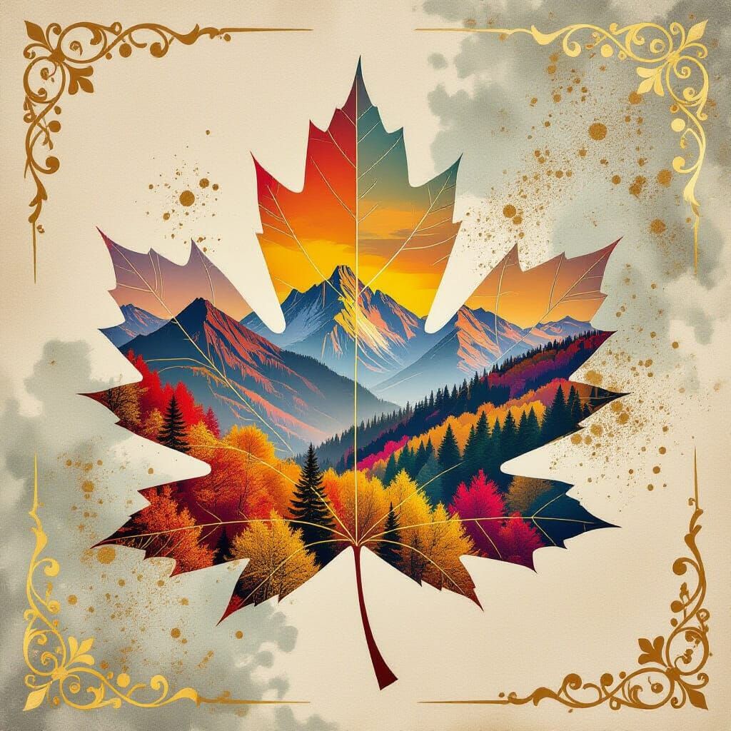 Autumn Leaves Portrait with Geometric Art Deco Patterns