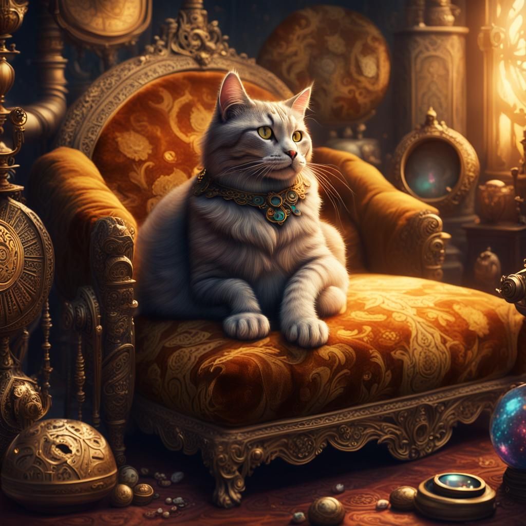 Whimsical Fantasy Cat in Enchanted Study