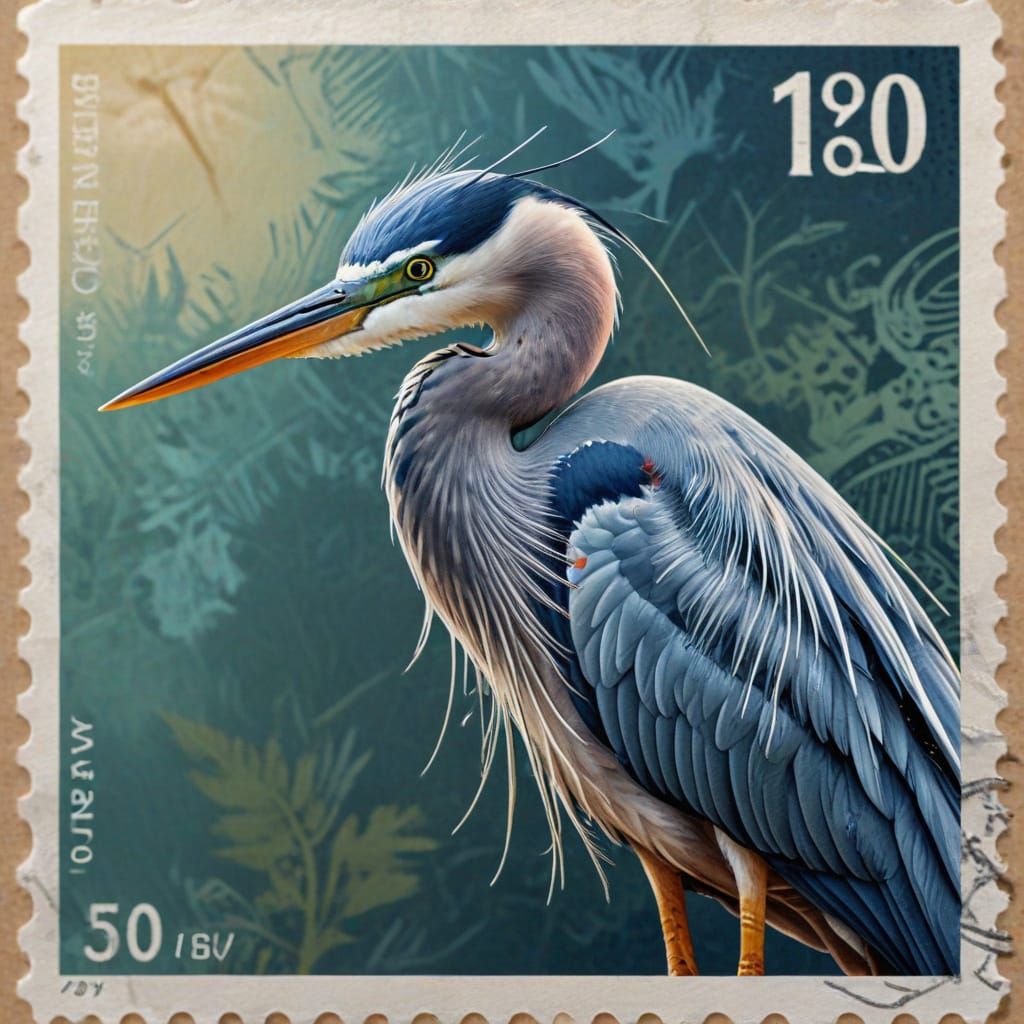 Heron Made of Postage Stamps in Digital Art