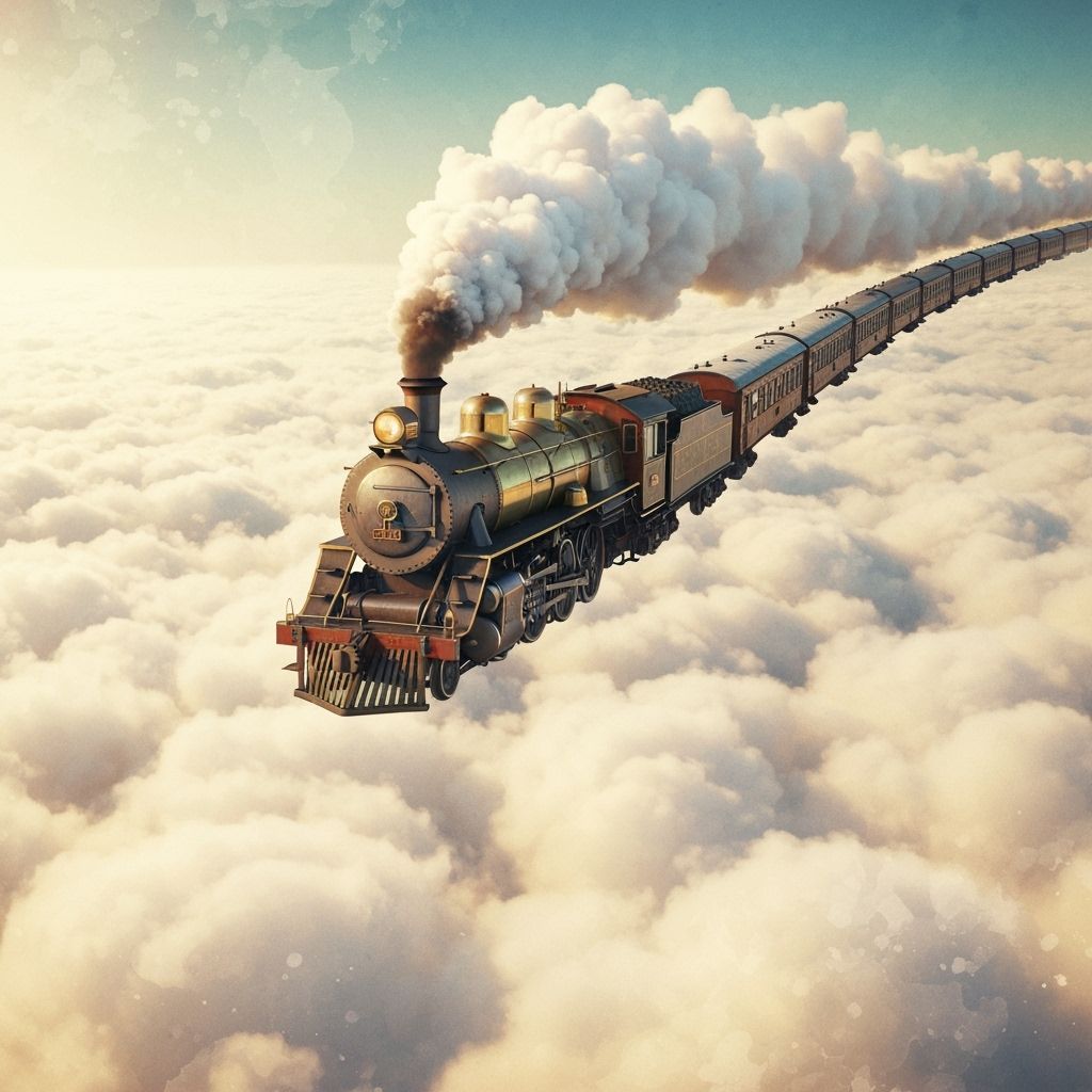Vintage Steam Train Soaring Above Clouds in Dreamlike Style