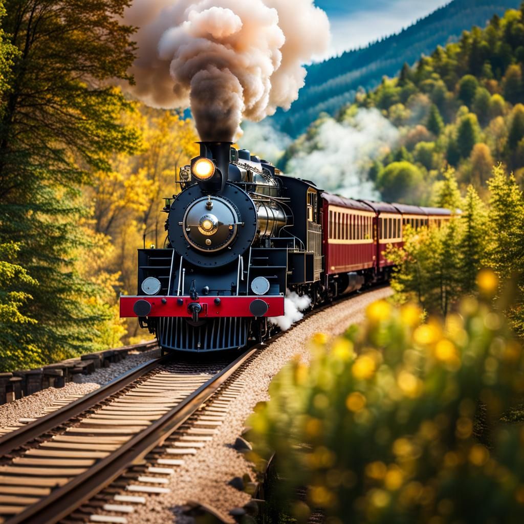 Vintage steam train on a mountain bridge