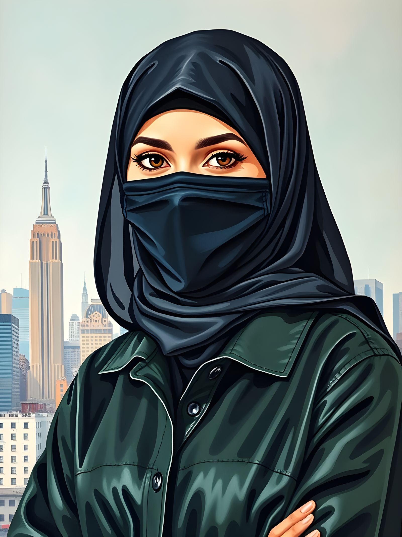 Elegant European Woman in Hijab, Oil Painting in Whimsical C...