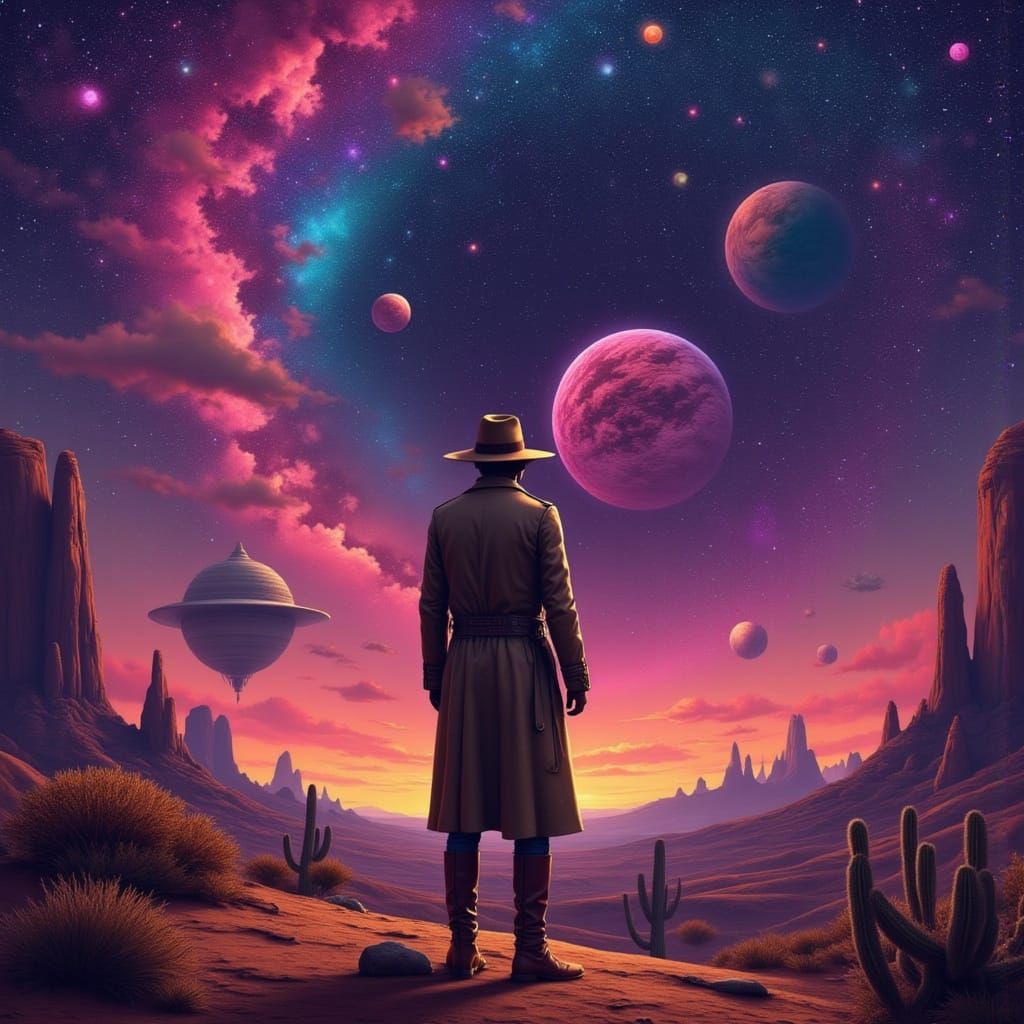 Cosmic Cowboy in Surreal Western Landscape