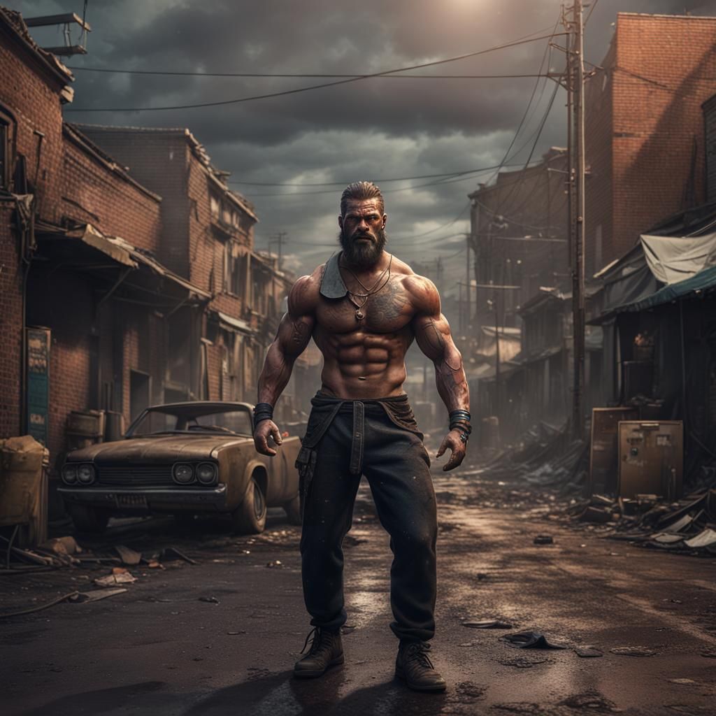 Muscular Man in Dirty Suburban Street
