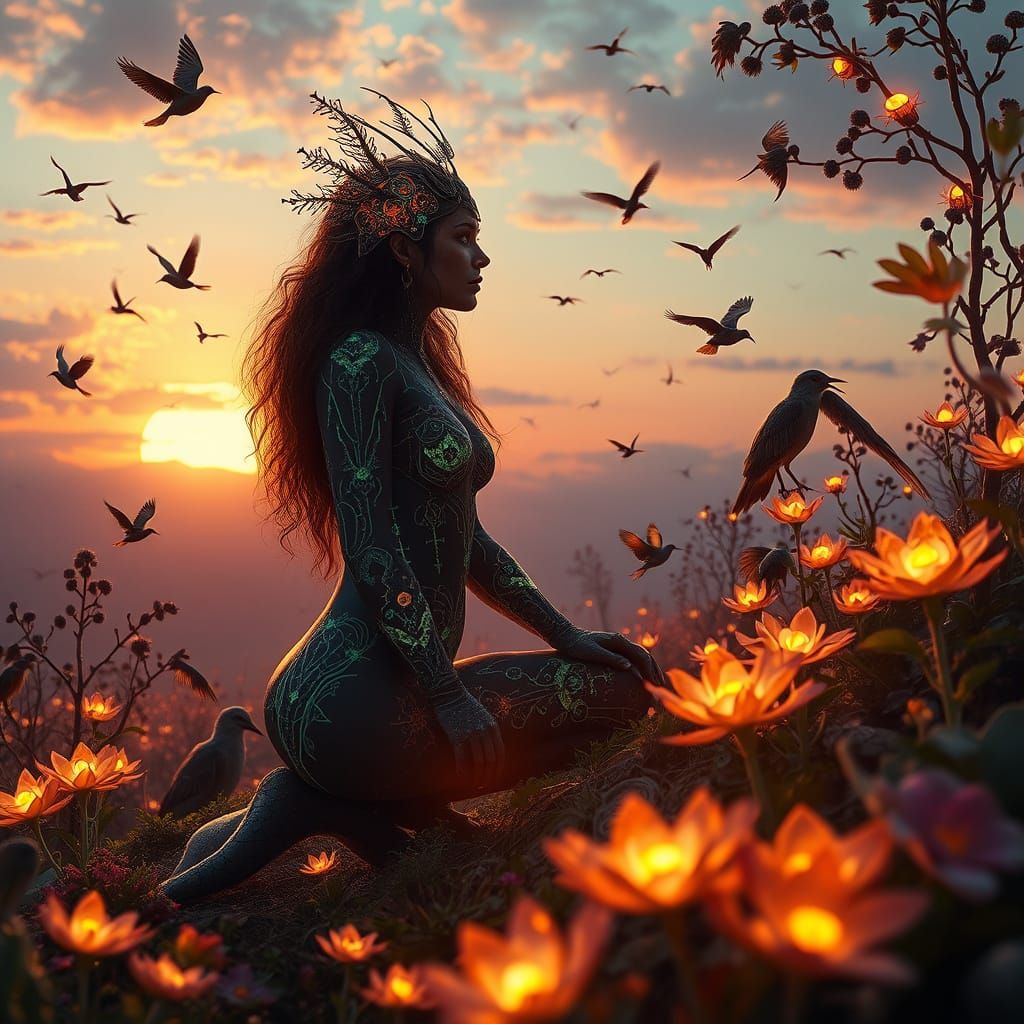 Ethereal Sunset Goddess with Dreamlike Armor