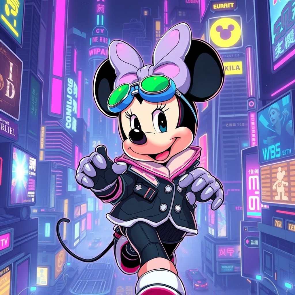 Cyberpunk Minnie Mouse in Neon Cityscape