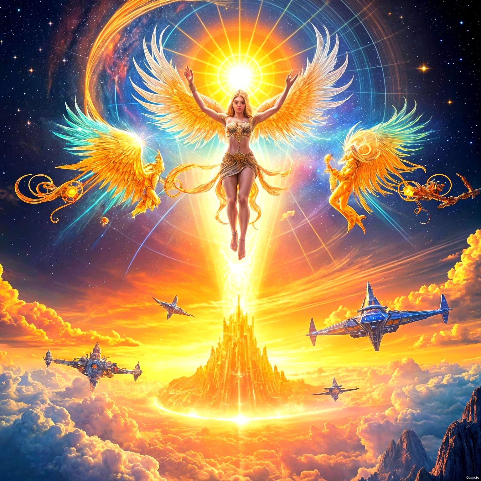 Radiant Cosmic Unison: Majestic Gods Amidst Golden Energies