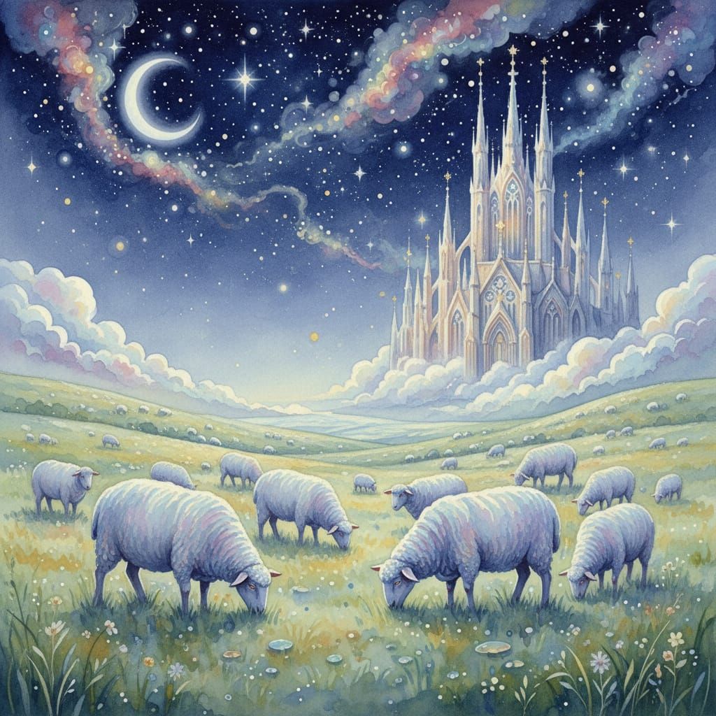 Glowing Sheep Under Celestial Cathedral