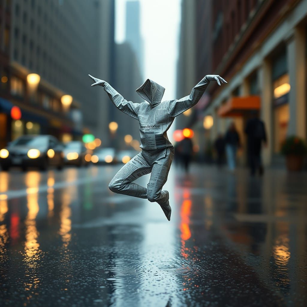 Origami Dancer on a Wet New York Street
