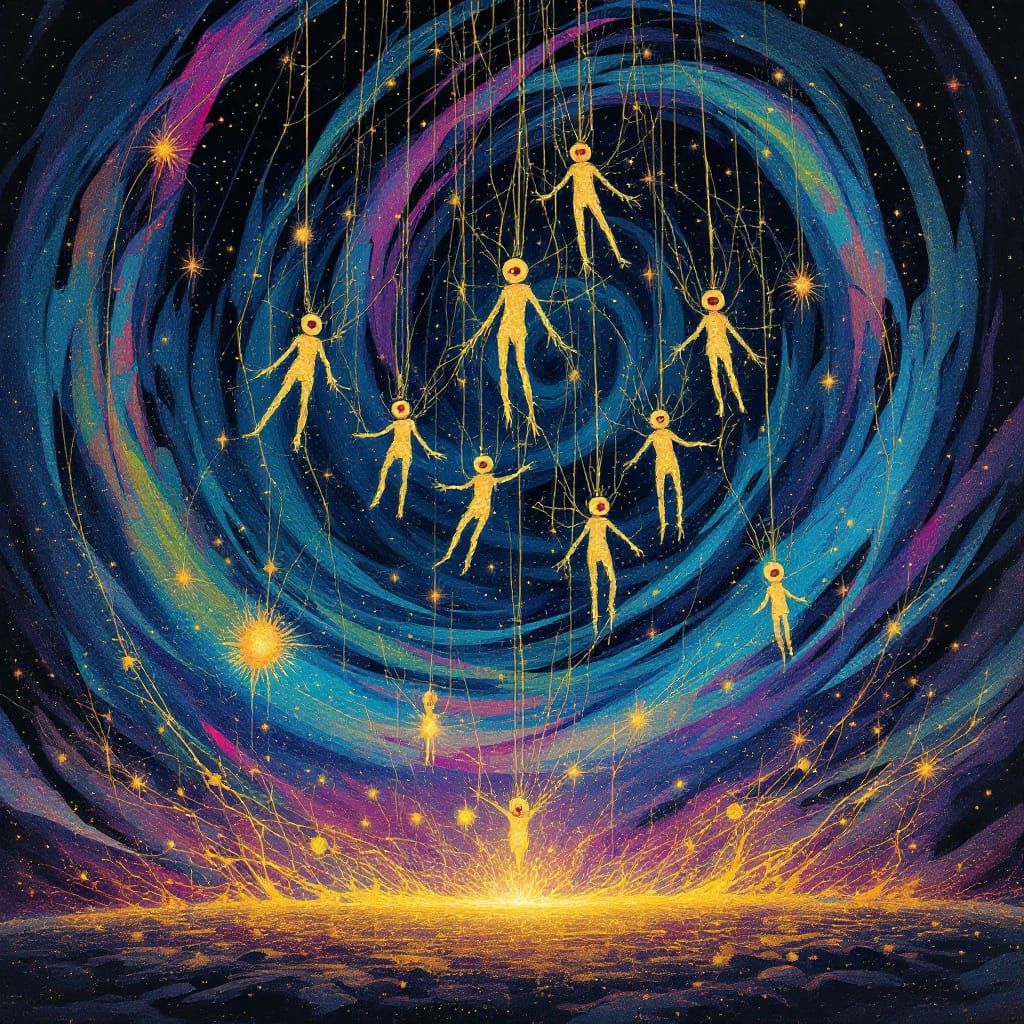 Mystical Voodoo Dolls in Astral Vortex, Mixed Media Art