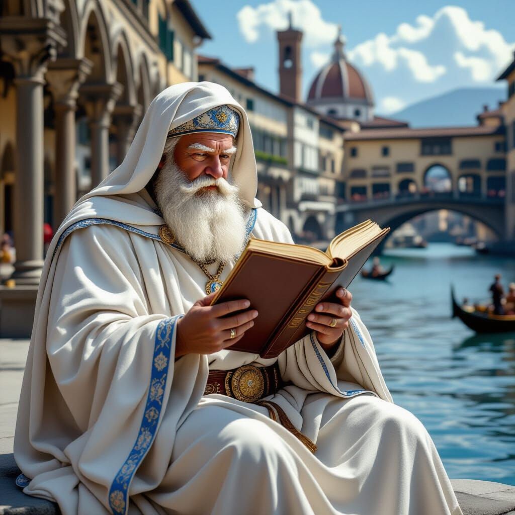 Renaissance Scholar in Florence Harbor, Hyper-Realistic 8K
