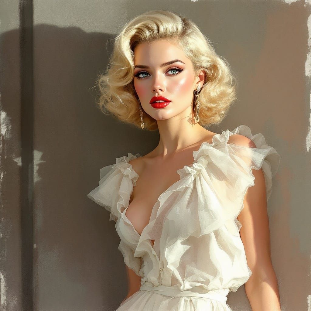 Confident Blond Woman in Vintage Pastel Illustration Style