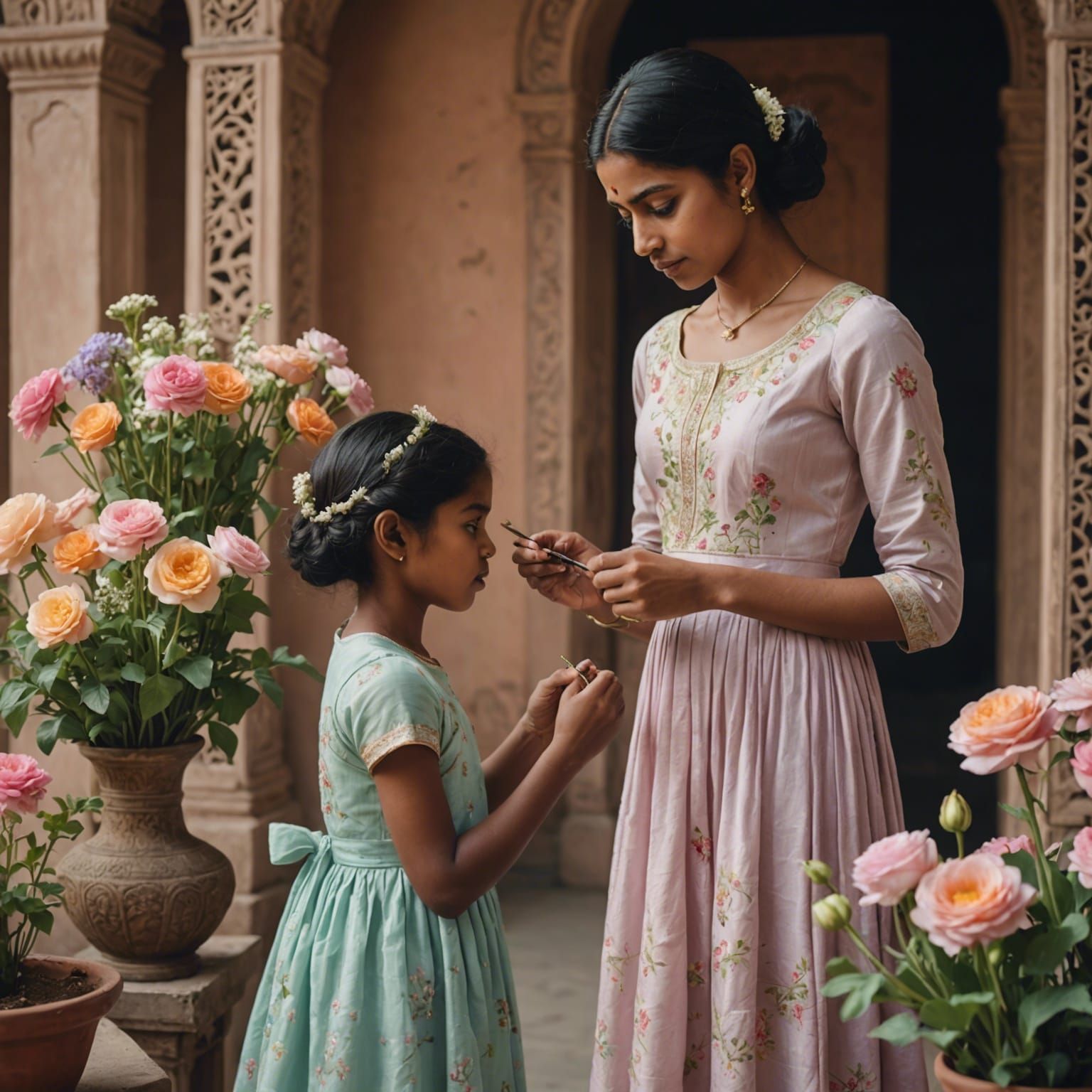 South Asian Girl Arranging Flowers in Hyperrealistic Style